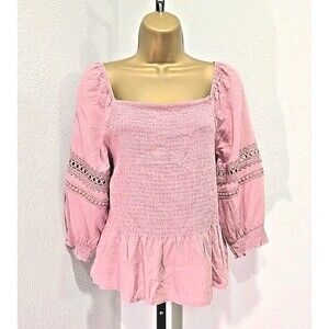 Pink Mauve Embroidered Milkmaid Ruched Top Sz XL Cottage Fairy Pastel Girlhood